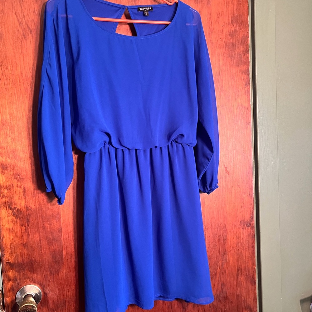 Express Cobalt Blue Long Sleeve Blouson Waist Dress